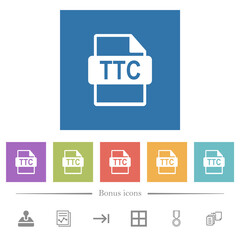 Fototapeta na wymiar TTC file format flat white icons in square backgrounds