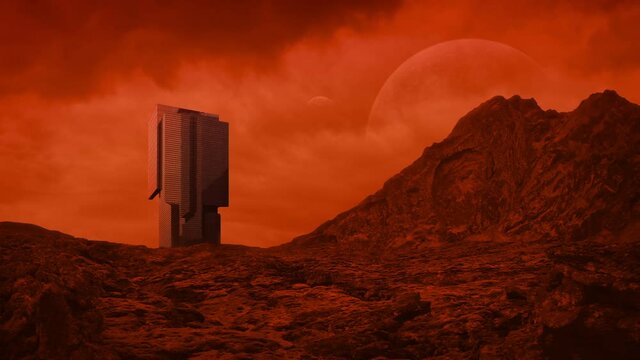 Large Building On Red Planet With Moons In The Sky