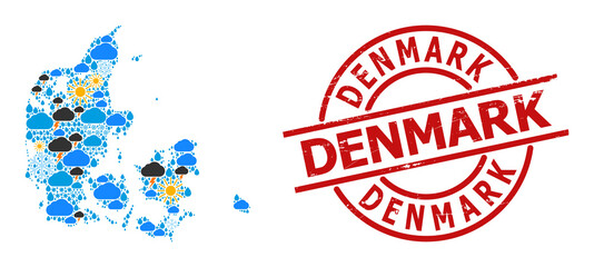 Climate collage map of Denmark, and textured red round badge. Geographic vector collage map of Denmark is composed from scattered rain, cloud, sun, thunderstorm items.