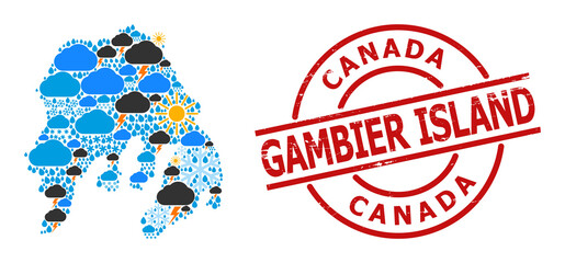 Weather mosaic map of Gambier Island, and distress red round stamp seal. Geographic vector mosaic map of Gambier Island is created with random rain, cloud, sun, thunderstorm elements.