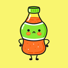 Cute sad bottle of soda character. Vector hand drawn cartoon kawaii character illustration icon. Isolated on yellow background. Bottle of soda character concept