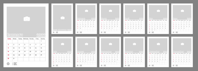 Wall Monthly Photo Calendar 2022. Simple monthly vertical photo calendar Layout for 2022 year in English. Cover Calendar, 12 monthes templates. Week starts from Sunday. Vector illustration