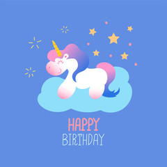 Cartoon unicorn on a cloud. Festive card with a unicorn on a cloud. Vector illustration.