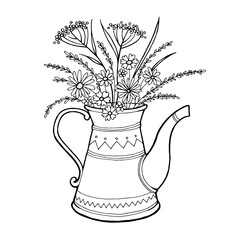 flowers  in a watering can. Vector outline illustration for coloring pages, design, poster