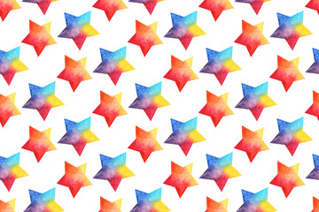 Seamless pattern of bright multicolored watercolor stars