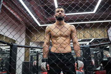 Portrait of MMA fighter thinking about strategy for match, standing on ring preparing for fight,...