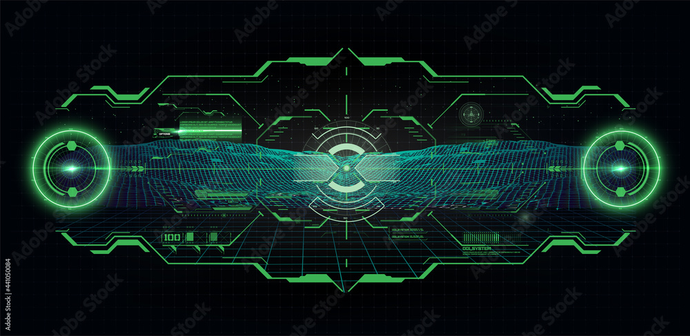 Poster futuristic helmet or cockpit view in hud, fui style. luminous visual display of vehicle technology. 
