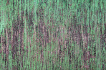 old gray wooden board with peeling green paint and cracks. rough texture surface. vertical stripes