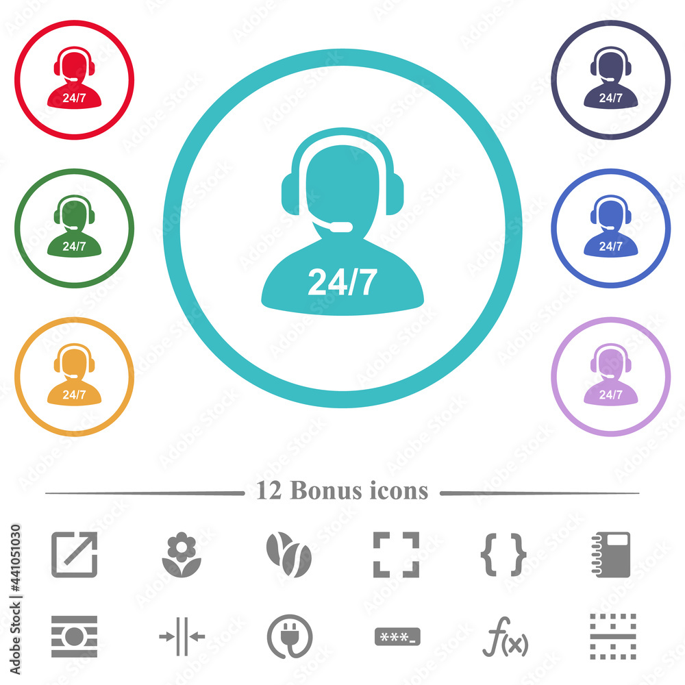 Poster 24 hours operator service flat color icons in circle shape outlines