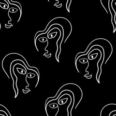 Young girl one line woman face portrait, modern contemporary minimalist art abstract character. Vector illustration. Seamless pattern.