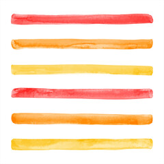 Yellow, red, orange watercolor vector stripes set. Hand drawn streaks, long brush strokes, watercolour smears with stains, wide lines, bars. Text background, banners, graphic design elements.