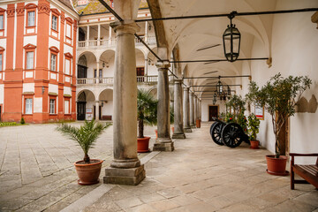 Opocno castle, renaissance chateau, courtyard with arcades and red facade, palm trees and plants in ceramic pots, old cannons, sunny summer day, aristocratic residence, Czech Republic
