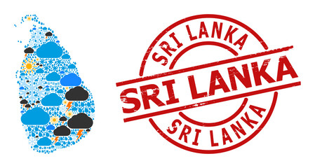 Weather mosaic map of Sri Lanka, and textured red round seal. Geographic vector mosaic map of Sri Lanka is combined from scattered rain, cloud, sun, thunderstorm.