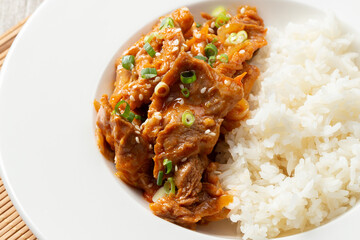rice and stir fried pork with Korean spicy sauce (Gochujang) or Bulgogi, Korean popular menu from...