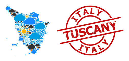 Weather collage map of Tuscany region, and textured red round badge. Geographic vector collage map of Tuscany region is done with random rain, cloud, sun, thunderstorm icons.