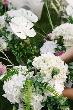 Close-up of flower arrangement for photo zone decoration