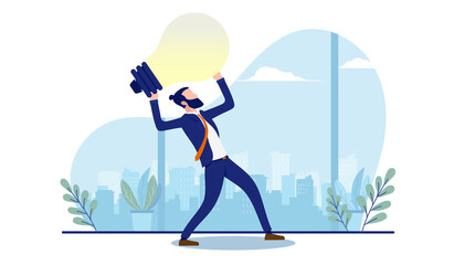 Business idea - Businessman coming up with ideas, lifting light bulb over head. Vector illustration with white background