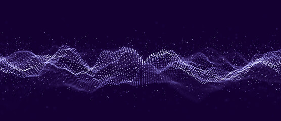 Abstract wave with moving dots. Flow of particles. Cyber technology illustration. 3d rendering