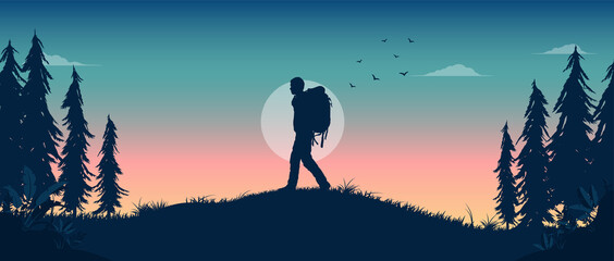 Man walking in nature at night - Silhouette of person with backpack wandering alone in landscape. Vector illustration. - obrazy, fototapety, plakaty