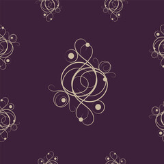 Elegant seamless pattern: gold monograms on a dark purple background. For packaging, wallpaper, gifts and elegant gift decoration
