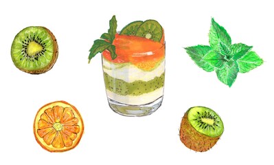 Set of summer dessert. Glasses with dessert, kiwi, mint, orange. Watercolor hand painted illustration, isolated, white background