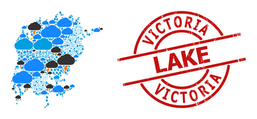 Weather pattern map of Victoria Lake, and scratched red round stamp. Geographic vector concept map of Victoria Lake is composed with random rain, cloud, sun, thunderstorm items.