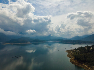 Aerial view of Karacaoren Dam Lake in mountain in Antalya province, Turkey. Tourism lake for fishing of trout