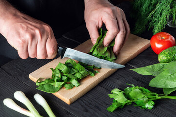 A chef prepares a spinach salad in a restaurant kitchen. Closeup of the hands of a cook cutting vegetables with a knife on a cutting board