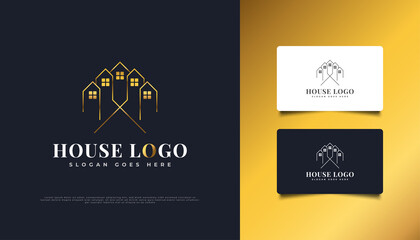 Luxury Gold House Logo Design with Line Style, Suitable for Real Estate Industry Logo. Construction, Architecture or Building Logo Design Template