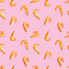 Seamless pattern made from Prawn isolated on a pink background. Tiger shrimp. Seafood seamless pattern with shrimps. seafood pattern