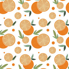 Cute pattern with oranges, slices of orange with leaves, citrus fruit seamless pattern with dots on a white background