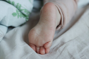 Children's leg. The bare foot of a small child. Baby's heel