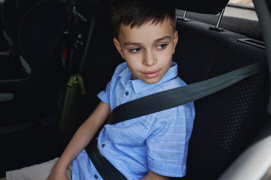 A Boy Wearing Seat Belts Travels In A Protective Child Car Seat. Traveling Safely With Children