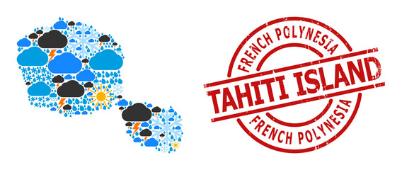 Climate mosaic map of Tahiti Island, and distress red round badge. Geographic vector mosaic map of Tahiti Island is created from randomized rain, cloud, sun, thunderstorm.