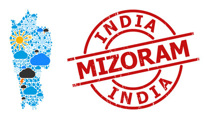 Weather collage map of Mizoram State, and distress red round badge. Geographic vector collage map of Mizoram State is organized with randomized rain, cloud, sun, thunderstorm elements.