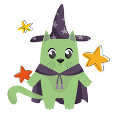 Cat in astrologer costume. Halloween character in cartoon style