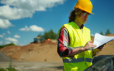 Construction engineer with documents on road junction construction site.