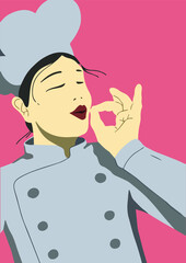 Professional woman chef showing the sign for a delicious dish. Woman chef making chef kiss fingers gesture for a tasty dish. Art minimalistic modern fashion poster for cafe interior design, cafe wall 