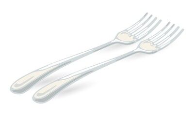 Cartoon pair of silver forks, tool for eating food, equipment for very fancy dinner. Vector part of kitchenware set. Concept of cutlery and tableware isolated on white background