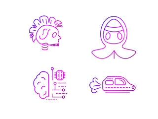 Cyberpunk outline icons set. Flying car. Futuristic wear. Digitl brain