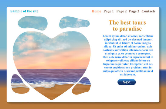 One page website related to vacation trips and tours. Vector template with text and tourist landmarks ifor travel and tour promotion. Illustration with sea, lsand beach, pink sky at sunset or sunrise.