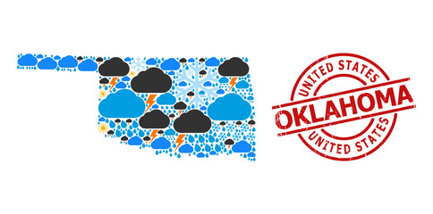 Weather mosaic map of Oklahoma State, and rubber red round stamp seal. Geographic vector mosaic map of Oklahoma State is designed with random rain, cloud, sun, thunderstorm elements.