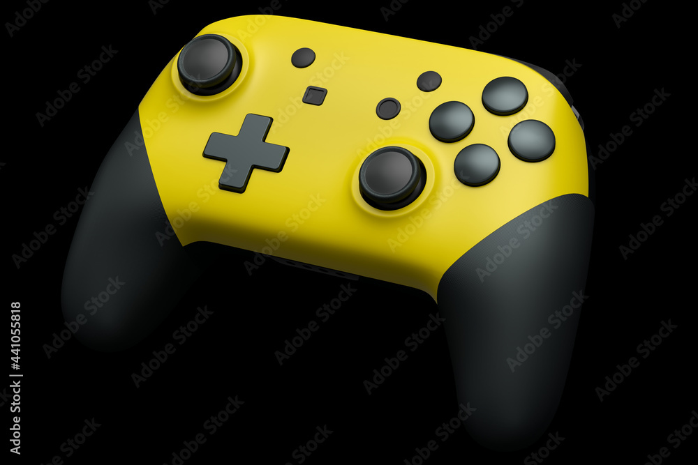 Poster realistic yellow joystick for video game controller on black background