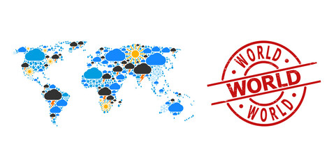 Obraz premium Weather mosaic map of world, and rubber red round badge. Geographic vector composition map of world is designed from randomized rain, cloud, sun, thunderstorm symbols.