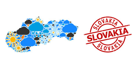 Naklejka premium Weather mosaic map of Slovakia, and rubber red round stamp seal. Geographic vector mosaic map of Slovakia is combined from scattered rain, cloud, sun, thunderstorm.