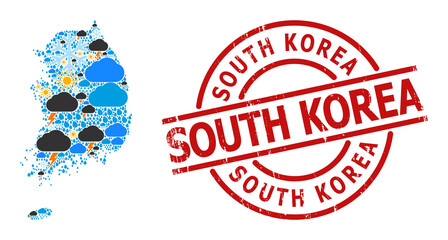 Climate pattern map of South Korea, and textured red round badge. Geographic vector collage map of South Korea is combined from randomized rain, cloud, sun, thunderstorm.