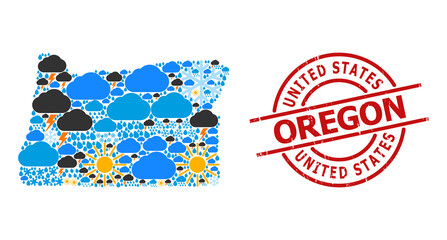 Climate mosaic map of Oregon State, and textured red round badge. Geographic vector collage map of Oregon State is composed from random rain, cloud, sun, thunderstorm symbols.