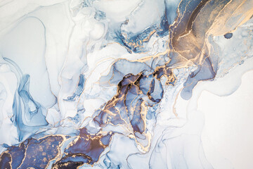 High resolution. Luxury abstract fluid art painting in alcohol ink technique, mixture of dark blue, gray and gold paints. Imitation of marble stone cut, glowing golden veins. Tender and dreamy design. - obrazy, fototapety, plakaty