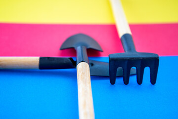 Shovel and rake. Garden tools.