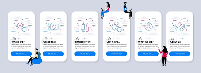Science icons set. UI phone app screens with teamwork. Included icon as Medical vaccination, Recovery computer, Timer signs. Ab testing, Select user, Safe energy line icons. Vector